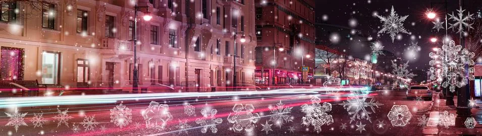 Snowflake New Year winter pattern on blurred defocused background of car nigh Stock Photos