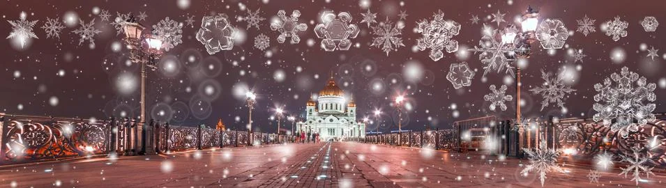 Snowflake New Year winter pattern on blurred defocused background of orthodox Stockfoto's