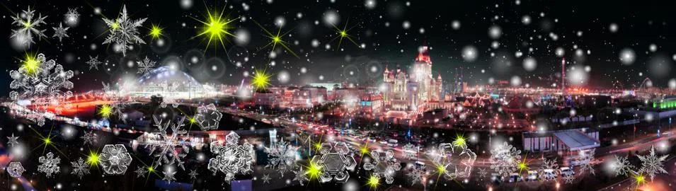 Snowflake New Year winter pattern with white bokeh and spots on blurred defoc Foto stock