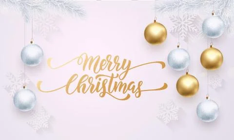 Snowflake pattern decoration golden ball ornament Merry Christmas white greet Stock Illustration