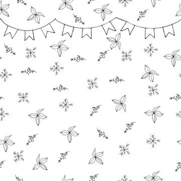 Snowflake seamless pattern. Black snow and flag garland on white. Abstract wa Illustrazione stock