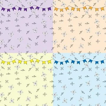 Snowflake seamless pattern. Black snow and flag garland on color background.  Stock Illustration