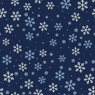 Snowflake seamless pattern with white and light blue snowflakes falling on dark Stock Illustration