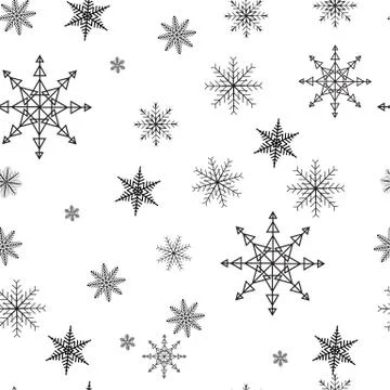 Snowflake simple seamless pattern. Black snow on white background. Abstract Stock Illustration