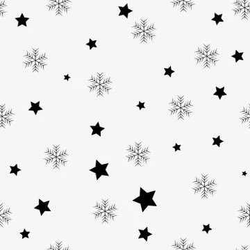 Snowflake simple seamless pattern. Black snow on white background. Abstract w Stock Illustration