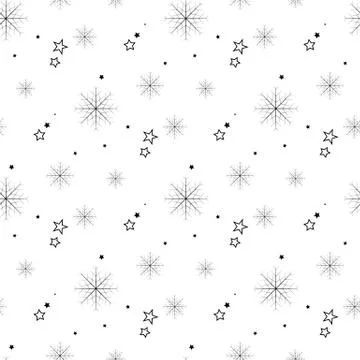 Snowflake simple seamless pattern. Black snow on white background. Abstract w Stock Illustration