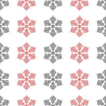 Snowflake simple seamless pattern. Black and red snow on white background. Ab Illustrazione stock