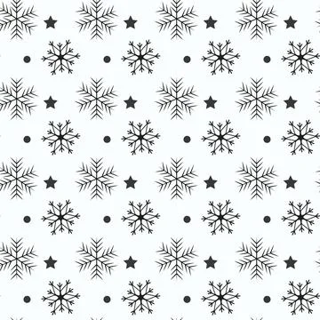 Snowflake simple seamless pattern. Black snow on white background. Abstract.. Stock Illustration