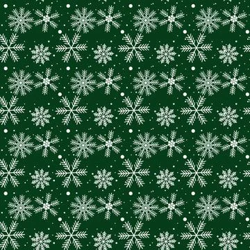 Snowflake simple seamless pattern. white snow on green background. Abstract Stock Illustration