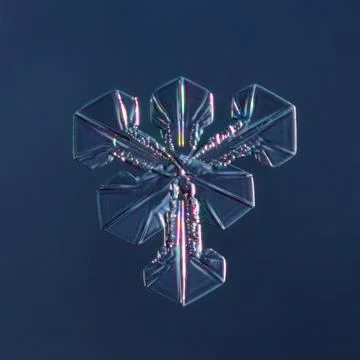 Snowflake on smooth gradient background. Macro photo of real snow crystal on 스톡 사진