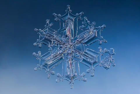 Snowflake on smooth gradient background. Macro photo of real snow crystal on 스톡 사진