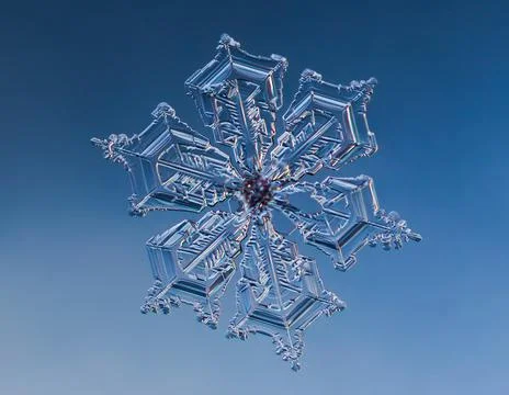 Snowflake on smooth gradient background. Macro photo of real snow crystal on Stock Photos