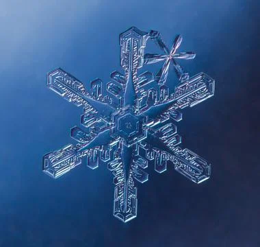 Snowflake on smooth gradient background. Macro photo of real snow crystal on 스톡 사진