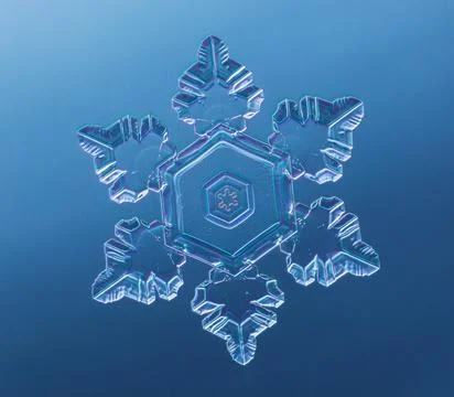 Snowflake on smooth gradient background. Macro photo of real snow crystal on Stock Photos