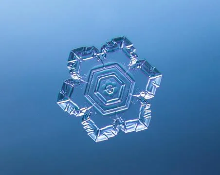Snowflake on smooth gradient background. Macro photo of real snow crystal on Stock Photos