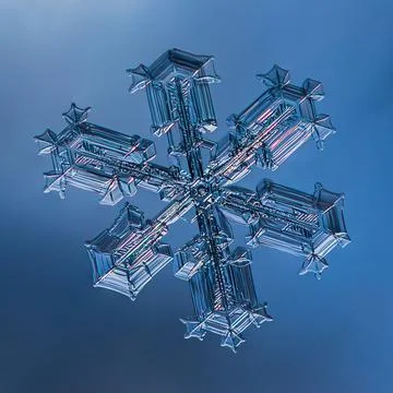 Snowflake on smooth gradient background. Macro photo of real snow crystal on Stock Photos