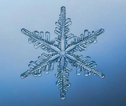 Snowflake on smooth gradient background. Macro photo of real snow crystal on 스톡 사진