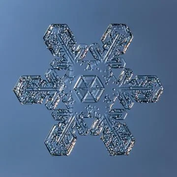 Snowflake on smooth gradient background. Macro photo of real snow crystal on 스톡 사진
