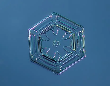 Snowflake on smooth gradient background. Macro photo of real snow crystal on 스톡 사진