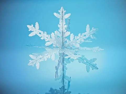 Snowflake standing on blue reflective surface. 3D illustration Stock Illustration