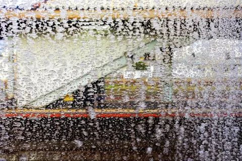 Snowflake on the Train Window in the Winter Time Background. Stock Photos