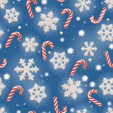 Snowflakes and candy cane 3D cartoon plastic style vector seamless pattern 스톡 일러스트
