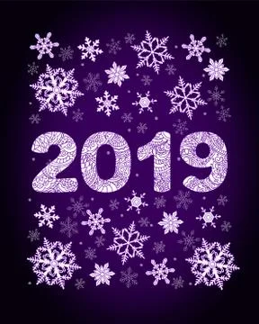 Snowflakes and zen patterned 2019 on black Stock Illustration
