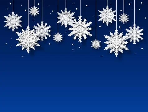 Snowflakes background. Papercut white snowflake shapes on blue backdrop Stock Illustration