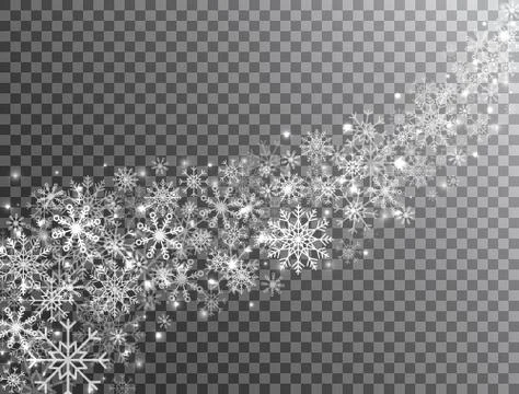 Snowflakes border in wave shape on transparent background. Glitter white snow Stock Illustration