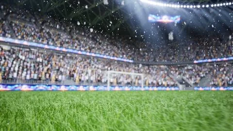 Snowflakes computer graphics falling over frozen stadium football pitch Illustrazione stock