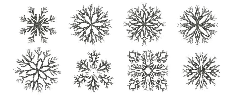 Snowflakes dotwork noise gradient set. Winter season grain grey gradation snowy Illustrazione stock
