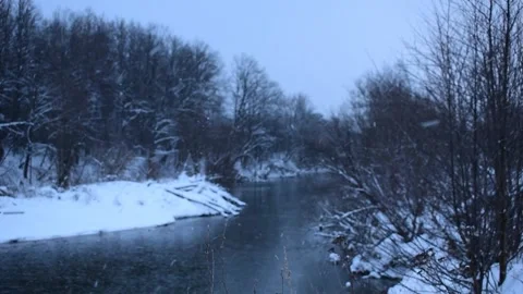 Snowflakes fall against the background of a winter forest and a river Stock Footage 168962453