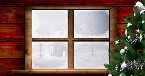 Snowflakes fall gently outside a cozy wooden cabin window, with copy space Stock Illustration