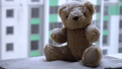 Snowflakes fall on the teddy bear sitting on a balcony on a winter day Stock Footage 262262224