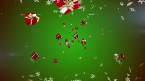 Snowflakes falling and christmas candy cane, bauble and gift icons floating Stock Footage 162932746
