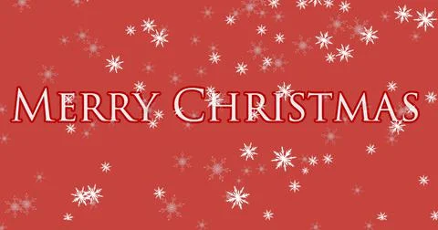 Snowflakes falling over Merry Christmas text on red background Illustrazione stock