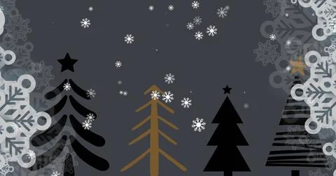 Snowflakes falling over multiple christmas tree icons on grey background Stock Illustration