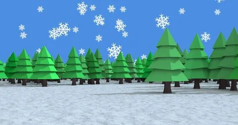 Snowflakes falling over multiple trees icons on winter landscape against blue Stock Illustration