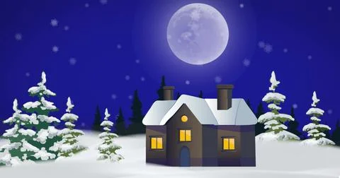 Snowflakes falling over multiple trees and house icon on winter landscape Stock Photos