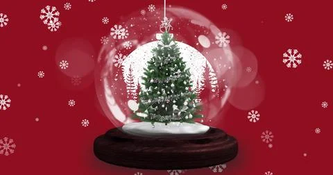 Snowflakes falling over shooting star around christmas tree in a snow globe on Stock Illustration
