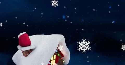 Snowflakes falling over snow covered house against blue shining stars in night Stock Illustration