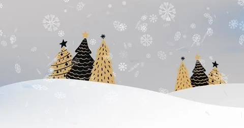 Snowflakes falling over winter landscape against multiple christmas tree icons Stock Illustration