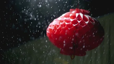 Snowflakes falling, red lanterns close-up Stock Footage 234245888