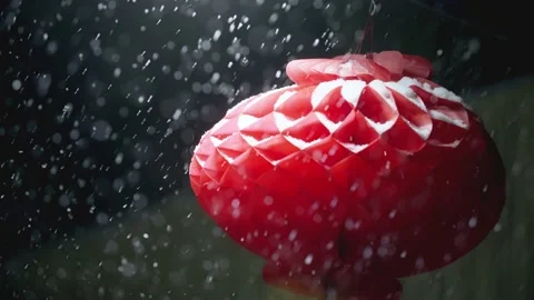 Snowflakes falling, red lanterns Stock Footage 234245892