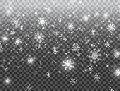 Snowflakes falling on transparent background. Shiny glitter snowflakes and sn Stock Illustration