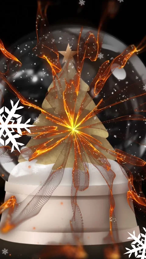 Snowflakes floating and shooting star around christmas tree in a snow globe Stock Footage 343902207
