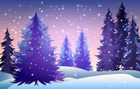 Snowflakes gently fall in a tranquil winter forest filled with tall evergreen Stock Illustration
