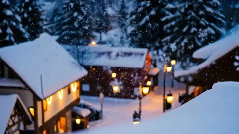 Snowflakes gently falling over a snowy village. Serene winter, peaceful nature 스톡 동영상 295231763
