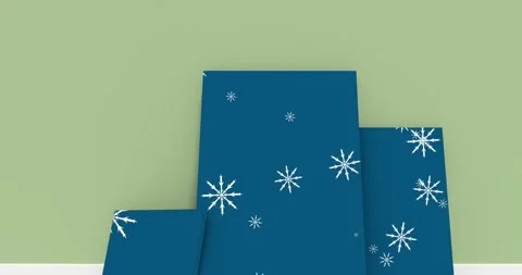 Snowflakes icons falling over three blue frames against copy space on grey Stock Footage 329026630