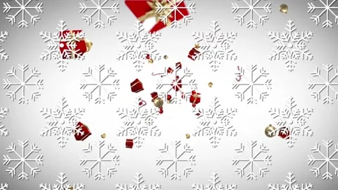 Snowflakes icons in seamless pattern against christmas gifts, baubles and candy 動画素材 162932800